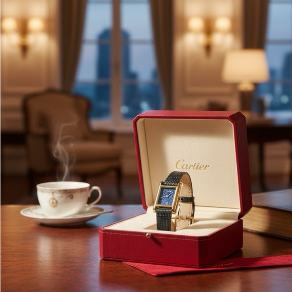 Cartier Accessories - Cartier Tank Gold and Black Watch - Blue Face